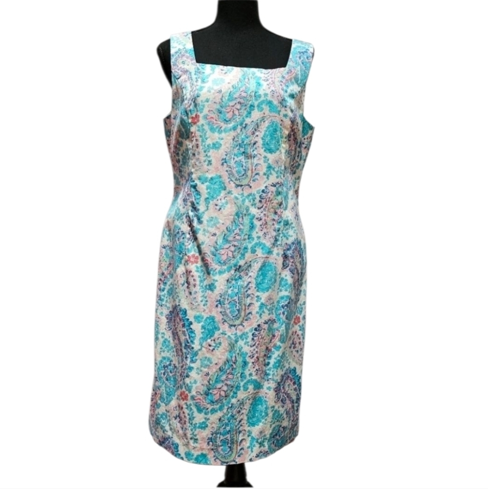 Talbots Paisley & Floral Midi Sheath Dress 98% Cotton 2% Spandex Size 10